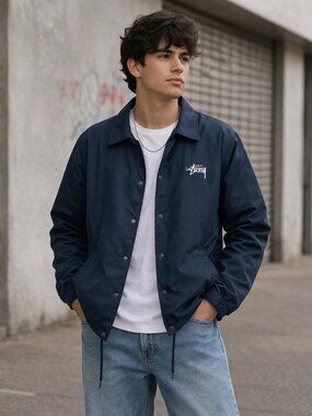 Stussy Classic Coach Jacket Navy Medium Nylon Graffiti Print Lining RARE
